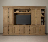 RH美式电视柜组合实木橡木做旧视听柜 背景墙 书柜 壁柜 储物柜