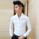 潮流时尚男装V立领长袖衬衫 韩版修身个性英伦白色雪纺休闲薄衬衣