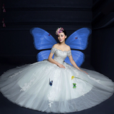 2015秋冬新款韩式公主一字肩大码绑带显瘦齐地婚纱礼服新娘结婚