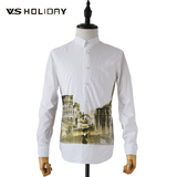 V.S HOLIDAY时尚男装印花长袖衬衣 韩版修身打底白色衬衫
