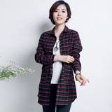 韩版修身妈妈装印花格子衬衫中长款长袖百搭衬衣通勤是中年女上衣