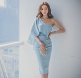 韩国代购2016春款4.7女神蓝色单肩荷叶包臀修身连衣裙