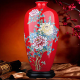 花开富贵 珐琅彩中国红陶瓷花瓶花器 客厅装饰品工艺品摆件 HY 31