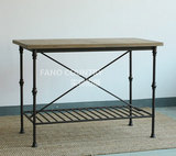 热卖复古实木面铁艺家具吧台酒吧桌长方形餐桌工作桌双层做旧黑色