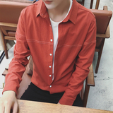 夏季薄款衬衫男长袖青少年韩版修身衬衣青年发型师情侣装寸衫衣服