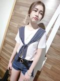 珊姑娘的店韩国夏季海军风条纹圆领纯棉短袖T恤竹节棉修身女T仔