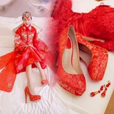 防水台高跟鞋红色婚鞋新娘超高跟12cm敬酒鞋中式结婚女鞋绣花单鞋