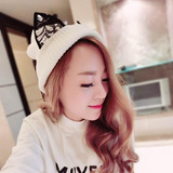 韩版新款秋冬季女士YV68可爱甜美蕾丝猫耳朵针织帽时尚毛线帽子女