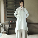 春夏棉麻女装白色中国风玉石扣茶人古琴服上衣 中长款长袖连衣裙