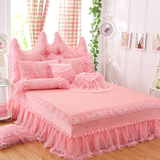 韩国粉色多层蕾丝被套 纯棉花边床罩 高档轻奢欧式床裙四件套