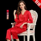 法莱舒卡高档品牌100%桑蚕丝睡衣女春夏季真丝长袖两件套装大红色
