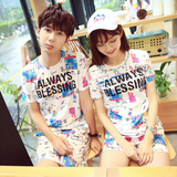 沙滩情侣装夏装2016新款韩国迷彩短袖T恤套装大码宽松学生两件套
