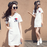 2016夏季新款韩版运动休闲带帽连衣裙女装修身宽松短袖中长款卫衣