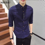夏季男士中袖衬衫修身薄款日系青年商务字母潮流短袖帅气尖领衬衣