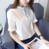 2016夏装新款女装立领衬衫长袖韩版修身简约百搭白衬衣女打底衫