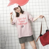 夏装新款 韩国ulzzang学院风宽松休闲短袖粉色T恤女学生大码上衣