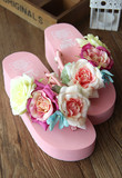 全国包邮 手工定制玫瑰花朵粉色厚底坡跟人字拖沙滩度假旅行拖鞋
