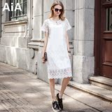 AIA蕾丝连衣裙中长款夏2016新款气质镂空显瘦白色短袖打底裙潮