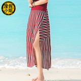 度假小姐夏海边沙滩裙女红白条纹半身裙高腰开叉长裙包臀裙一步裙