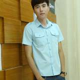 2015新款工装双口袋纯色衬衫男士韩版休闲修身短袖肩章衬衣