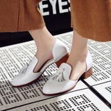 2016新款韩版流苏粗跟小白鞋单鞋圆头中跟真皮套脚布洛克鞋女