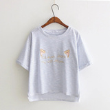 日系森女系可爱猫咪耳朵圆领刺绣条纹短袖T恤宽松百搭学生半袖衫
