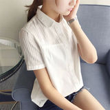 意讯2016夏装新款韩版甜美小清新短袖纯棉学生衬衫女拼接白色衬衣