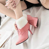 2015冬季新款欧美尖头高跟短靴细跟绒面毛毛女靴短筒时尚加绒棉靴