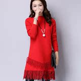 冬装新款韩版女装长袖修身毛衣连衣裙流苏下摆中长款打底针织毛线
