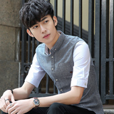夏装新款韩版男士休闲中袖衬衫青年学生条纹修身牛仔纯棉短衬衣潮