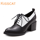 KISS CAT2016年真皮尖头中跟单鞋真皮休闲系带粗跟女鞋DA76185-51