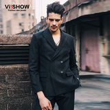 VIISHOW2015秋冬新款西装外套 短款双排扣英伦西装男 纯色外套潮