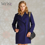 WEWE/唯唯2015冬季新款双排扣翻领长袖毛呢外套保暖深蓝大衣女 潮
