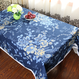 餐桌布盖布蓝色印花青花瓷桌布台布 棉麻中国风布艺茶几布民族风