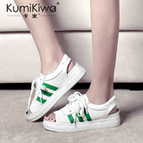 KumiKiwa2016夏季新款真皮三叶草中跟厚底系带运动休闲鱼嘴凉鞋女