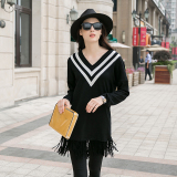 2015秋冬季新款女装韩版V领套头毛衣宽松中长款打底上衣薄针织衫