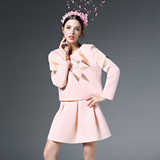 秋冬新款女装长袖太空棉刺绣上衣+蓬蓬短裙两件套粉色休闲套装
