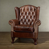 美式复古做旧皮艺单人沙发椅欧式客厅办公会所真皮老虎椅现货特卖