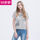 Lagogo/拉谷谷2016年夏季新款卡通条纹印花短袖T恤FBL792E901