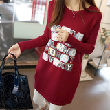 2015冬装新款韩版中长款修身印花针织衫加绒圆领套头毛衣女打底衫