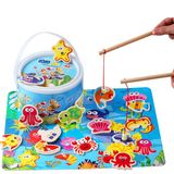 1-3岁儿童宝宝小猫钓鱼玩具双鱼竿加厚耐摔木制磁性益智桶装套装