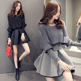 2016春装韩版时尚小香风气质套装女长袖显瘦两件套针织毛衣连衣裙