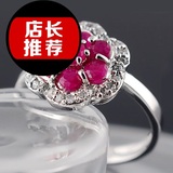纯天然红宝石戒指 食指戒指指环 女戒子 925纯银饰品 韩国 花朵形