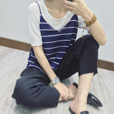 韩国代购2016夏季清新纯色条纹V领吊带外搭+两件套针织衫T恤上衣