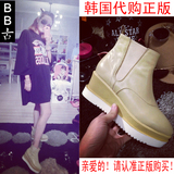韩国代购2015新款秋冬休闲女平底坡跟短靴 真皮驼色裸靴高跟单靴