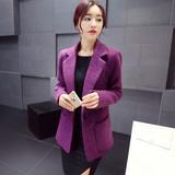2016春秋新款 韩版纯色修身西装紫色ol羊毛呢子大衣外套短款女