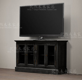 特价出口美式法式乡村 四门玻璃全实木橡木1.5米黑色电视柜可定制