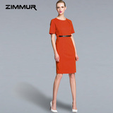 ZIMMUR2016夏装新款女装圆领短袖修身显瘦优雅高端包臀连衣裙中裙