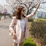 2015秋冬韩版女士长袖外套粉色甜美学院风中长款显瘦小西装套装