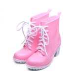 粉红白底防滑中性中筒高跟马丁雨鞋外贸纯色爆款雨靴女款系带水鞋
